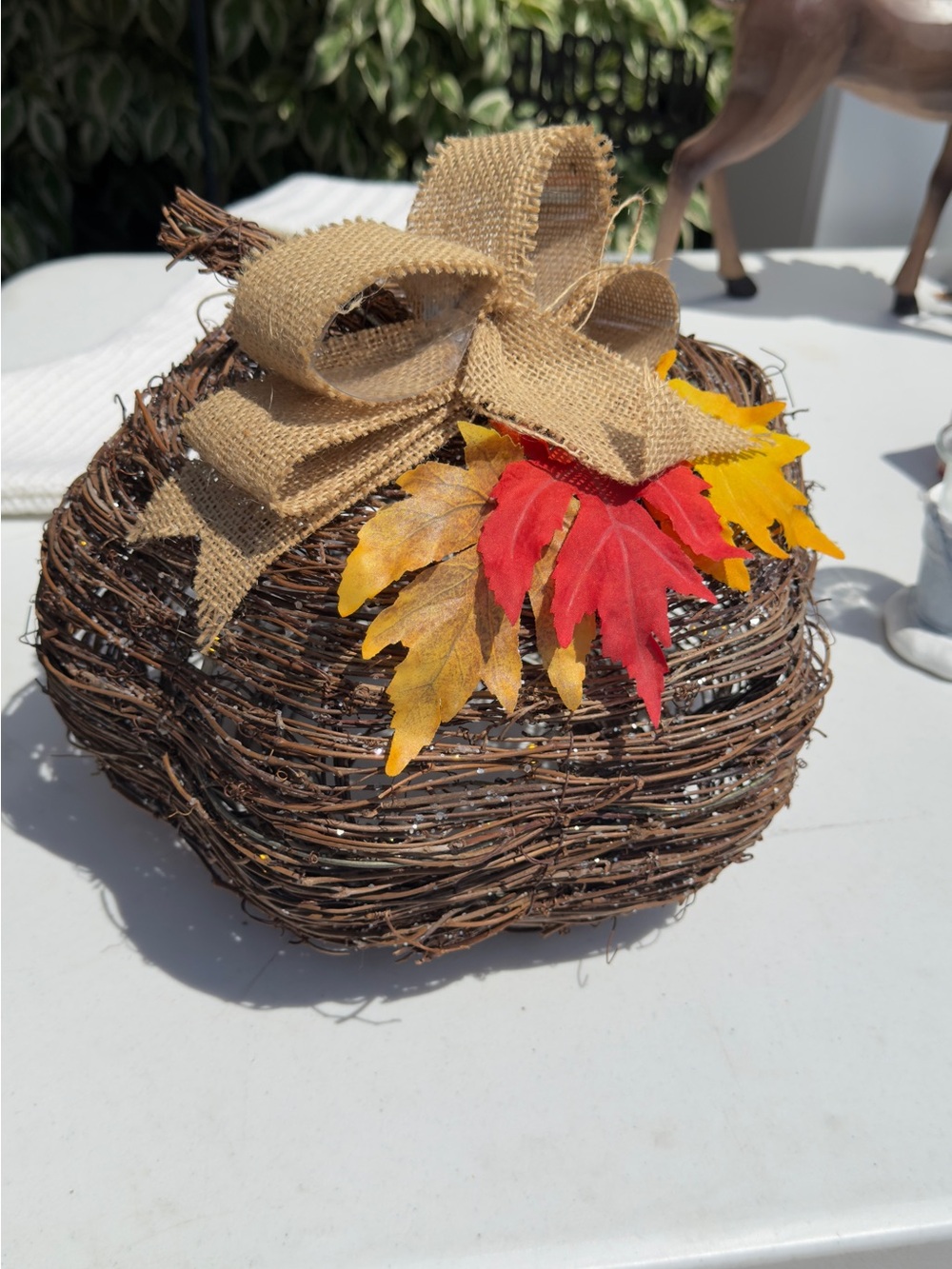 Handwoven Grapevine Pumpkin with Burlap Bow and Fall Leaves Light up - Picture 1 of 7